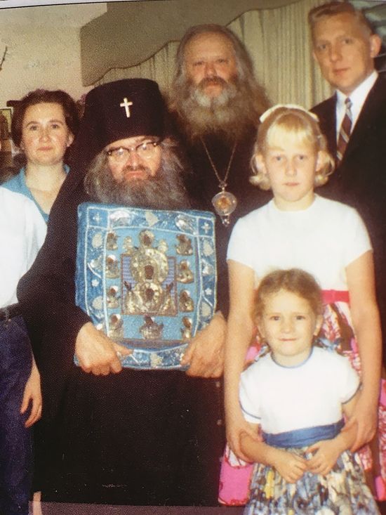 St. John with the wonderworking Kursk Root icon of Holy Theotokos, accompanied by Bishop Nektary. 1965.