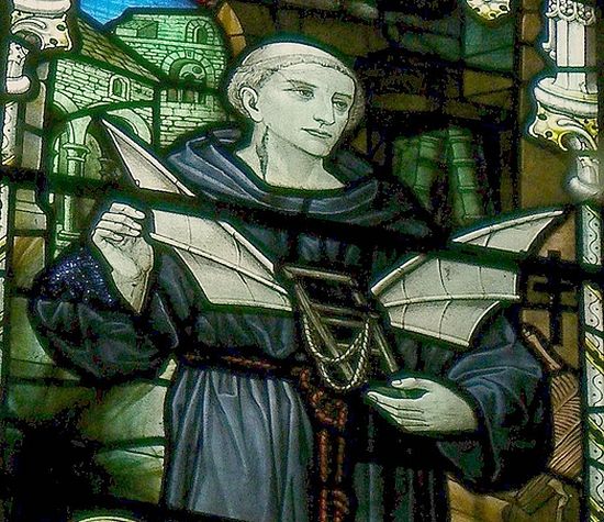 A stained glass depicting Monk Eilmer at Malmesbury Abbey, Wilts (photo from Wikipedia)