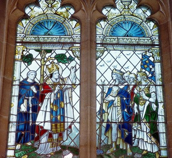 St. Aldhelm's window depicting two versions of his miracle at St. Aldhelm's Church in Bishopstrow, Wilts (kindly provided by the parish of Bishopstrow)