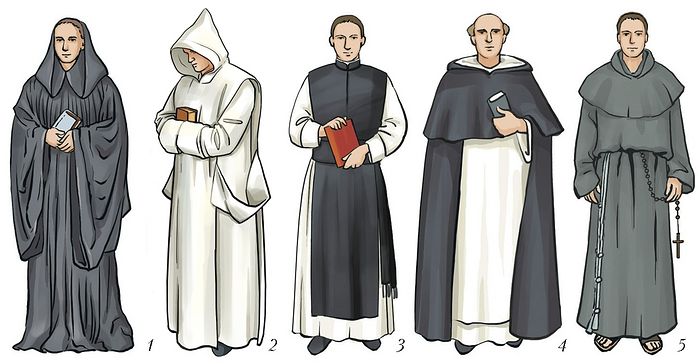 Habits of monks of various orders, from left to right: Benedictine, Carthusian, Cistercian, Dominican, Franciscan.