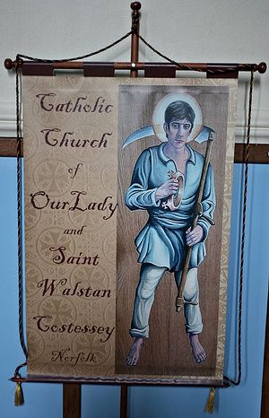 Banner of St. Walstan at Our Lady and St. Walstan's RC Church in Costessey, Norfolk (provided by RC church rector of Costessey)