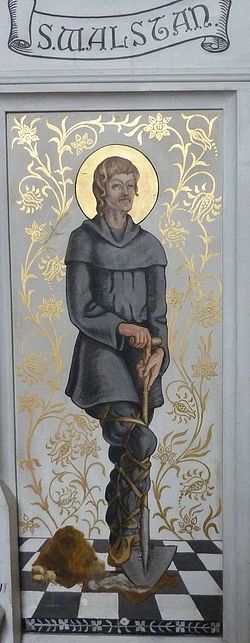Depiction of St. Walstan on the screen of St. Andrew's Church in Great Ryburgh, Norfolk (provided by the churchwarden of Great Ryburgh church)