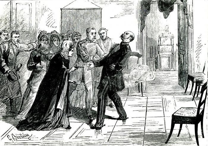 Покушение Веры Засулич на петербургского градоначальника Федора Трепова. Рисунок Le Monde illustré, 1878 год