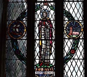 St. Breaca (Breaga) window inside Breage church, Cornwall (source - Michael Garlick from Geograph.org.uk)