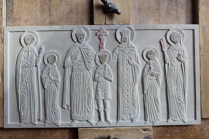 The carved icon for the reliquary lid underway in Jonathan Pageau’s workshop