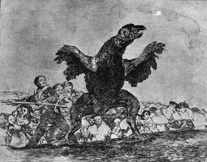 «Бегство плотоядного стервятника» – один из немногих юмористических офортов из серии «Ужасы войны», где Ф. Гойя символично изобразил победный триумф – изгнание сильно ощипанного «наполеоновского орла» испанским народом.