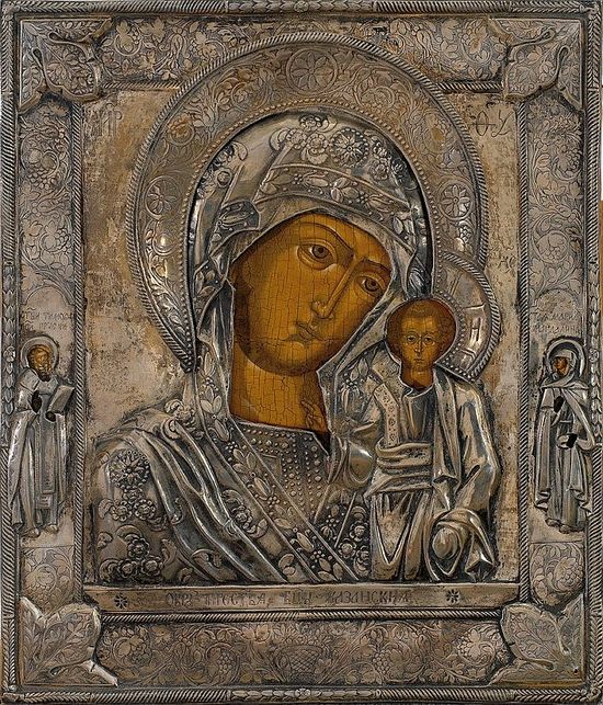 The Kazan icon of the Mother of God with Sts. Timothy and Mary Magdalene on the margins. Russia, the late eighteenth century