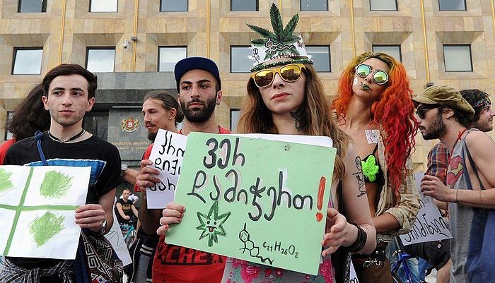 Activists gather during a rally in support of marijuana legalization in central Tbilisi, Georgia, on June 2, 2015. VANO SHLAMOV/AFP/GETTY IMAGES