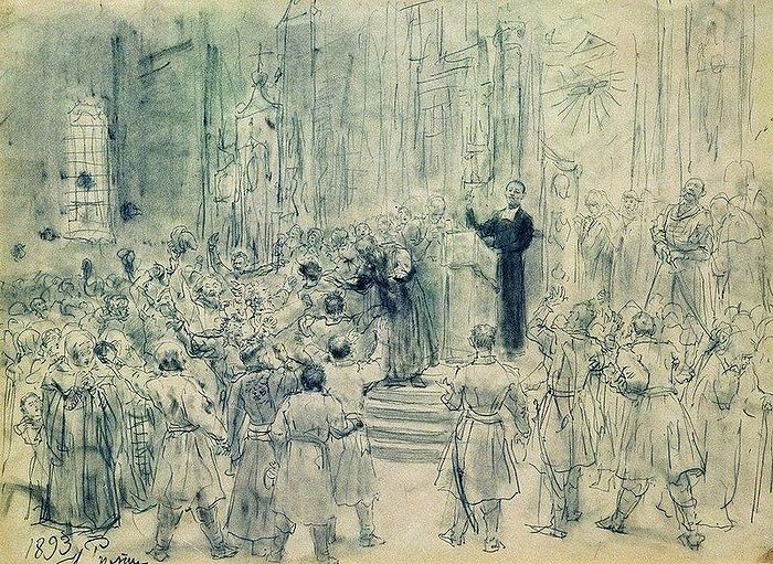 Artist Ilya Repin: Sermon of Josaphat Kuntsevich in Belarus. Graphite on paper. Photo: Wikipedia. Jesuit priest Joasaph Kuntsevich was the main proponent of the Unia of Brest, Belarus, and its harshest enforcer.