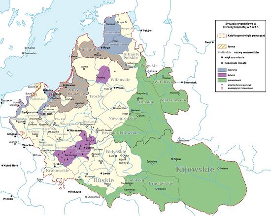 Religions in Polish-Lithuanian Commonwealth in 1573 (Catholics in yellow, Orthodox in green, Protestant in purple/gray). Photo: Wikipedia.