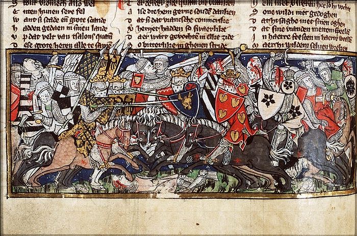 Миниатюра из манускрипта XIV века с изображением битвы на Каталаунских полях.