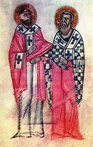 Преподобный Месроп Маштоц и святитель Саак. Средневековая миниатюра из армянских рукописей