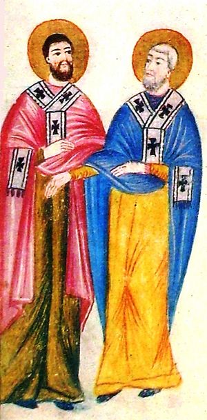Преподобный Месроп Маштоц и святитель Саак. Средневековая миниатюра из армянских рукописей
