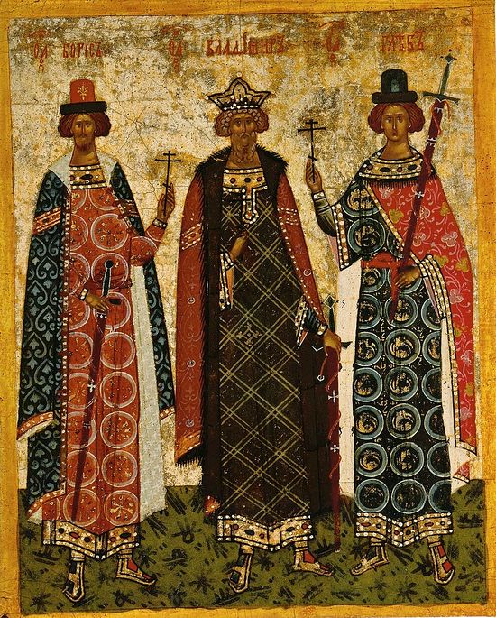 St. Vladimir, Equal-to-the-Apostles (center) with his sons, Passion-bearers Boris and Gleb. Icon from late fifteenth-century Novgorod.