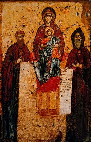 The Sevsk Icon of the Theotokos, also depicting Sts. Anthony (right) and Theodosius. Painted in the 11th century by St. Alypius the Iconographer
