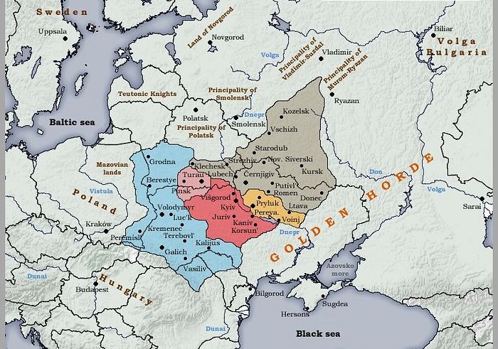 Kievan Rus’ in about 1240, the time of the Mongol Tatar invasion.
