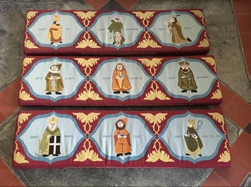 Kneelers at St. Buryan church, with images of 9 Cornish saints on one of them (provided by the rector of St. Buryan church)