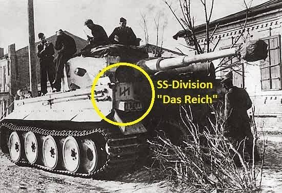A tank of the 2nd Panzer Division Das Reich (wolfsangel is circled in yellow), known for the massacre of 642 civilians in Oradour-sur-Glane, 99 in Tulle, France, and 920 Jews near Minks, Belorus. The Oradour-sur-Glane massacre took place largely in a church.