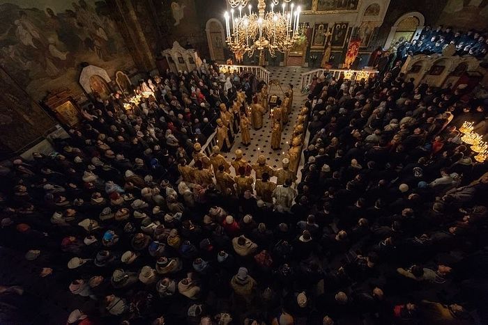Evening services in the Trapeza church of the Kiev Caves Lavra, December 15, 2018.