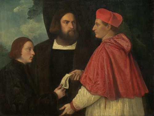 Girolamo and cardinal Marco Corner investing Marco, abbot of Carrara, with his benefice, Titian, ca 1520> Photo: Wikipedia