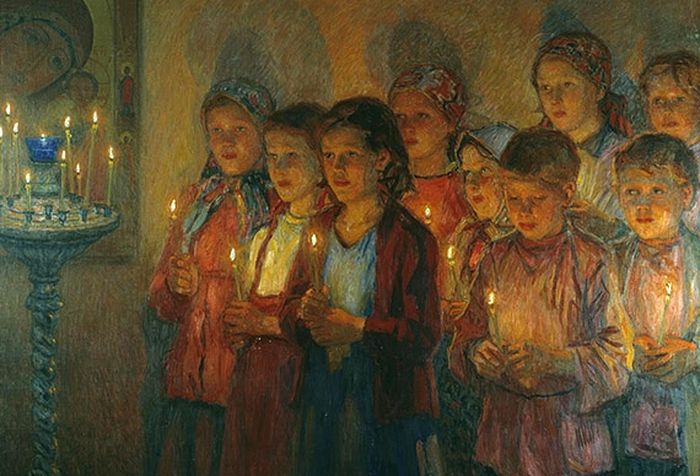 Н. П. Богданов-Бельский, «В церкви», 1910-е гг.