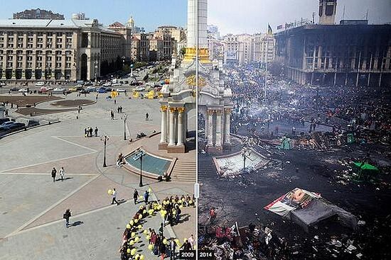 The Maidan (Square) of Independence before and after the western-backed Coup. Photo: Twitter.