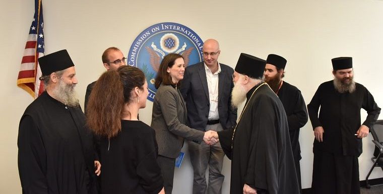 Meeting of Elder Ephraim with Elizabeth Cassidy Director of International Law and Policy U.S. Commission of Internationals Religious Freedom and her associates at the State Department. Photo: TNH/Kostas Bej