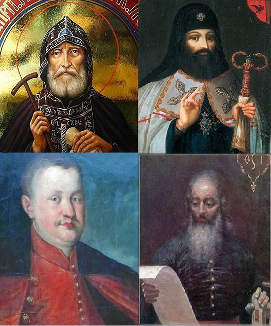Left to Right: St. Job of Pochaev, Petro Mohyla, Konstanty Wasyl Ostrogski, Ivan Fyodorov.