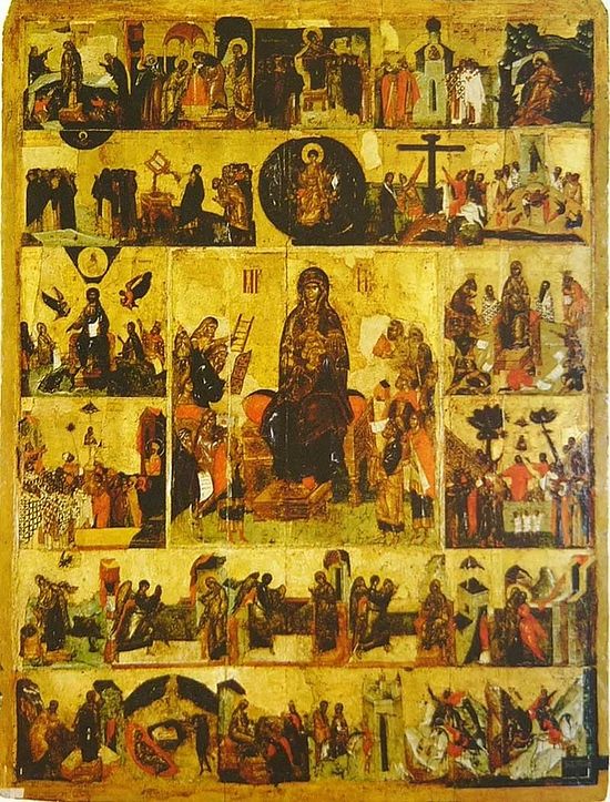 Icon of the Salutations of the Mother of God with the Akathist at the Moscow Dormition Cathedral, end of the 14th C.