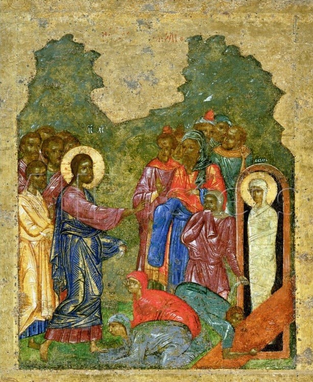 The Resurrection of Lazarus. Fragment of an icon from the festal row on the iconostasis of the Novgorod St. Sophia Cathedral, Russia. Circa 1341.