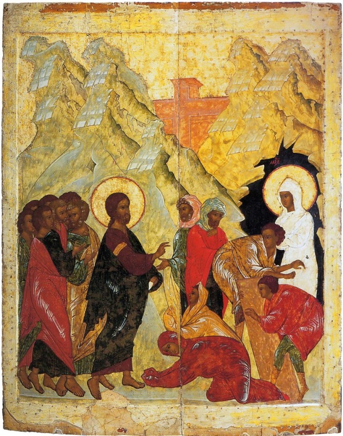 The Resurrection of Lazarus. From the festal row on the iconostasis of the Dormition Cathedral in the Great Tikhvin Monastery. 1560s. Russian Museum, St. Petersburg, Russia.