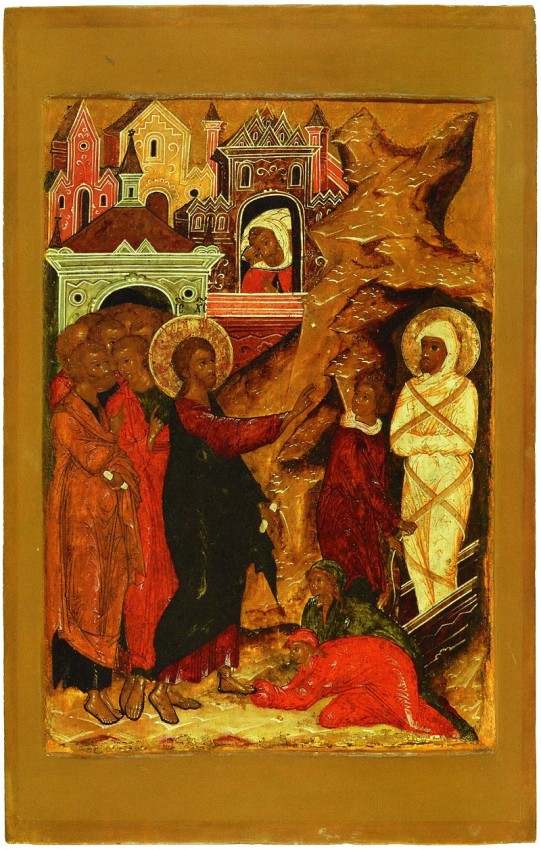 The Resurrection of Lazarus. Icon from the festal row of the iconostasis in the Church of the Nativity of Christ in Yaroslavl, Russia. 1640s. The Yaroslavl historical, architectural, art museum and national park.