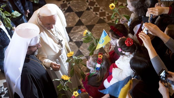Pope Francis in the Greek Catholic Ukrainian cathedral in Rome.