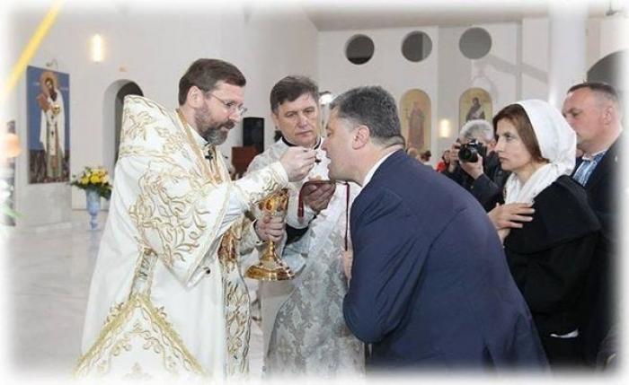 Ex-President Poroshenko taking Communion from Greek Catholics.