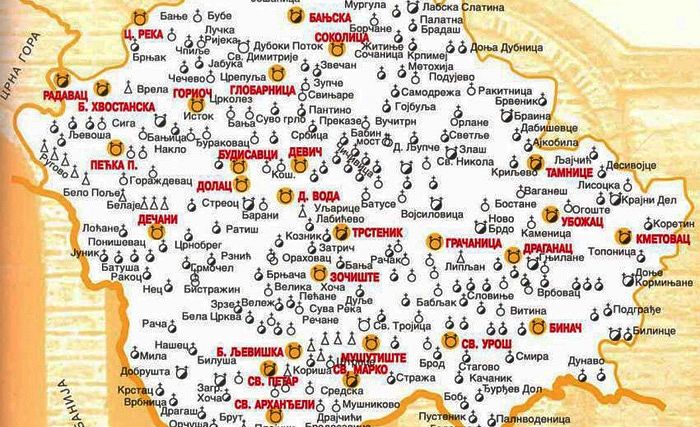 Карта Косово и Метохии с указанием всех сербских православных святынь