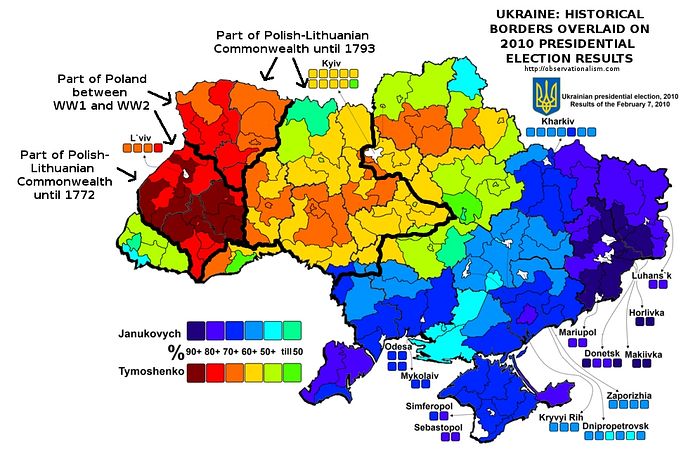 Transcarpathia (far west in green and blue) voted distinctly different from the cluster of red above, more similar to Eastern and Southern Ukraine.