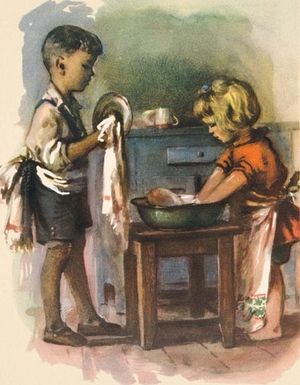 Саня и Женя моют посуду