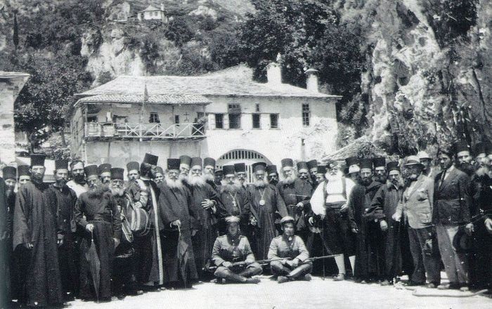 Monks and pilgrims of Dionysiou Monastery.