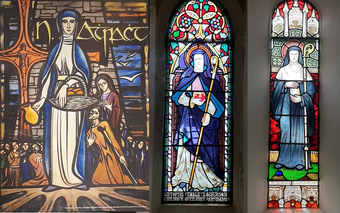 Three stained glass windows of St. Attracta: A reproduction of St. Attracta's stained glass by Richard King; stained glass inside St. Patrick's RC Church in Gurteen, Sligo, stained glass at the RC church in Killaraght, Sligo (all three kindly provided by Fr. Joseph from the Gurteen parish, Sligo)