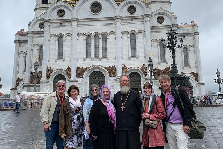 Fr. Martin, Matushka Sarah, Martha Nichols, and other pilgrims at Moscow’s Christ the Savior Cathedral