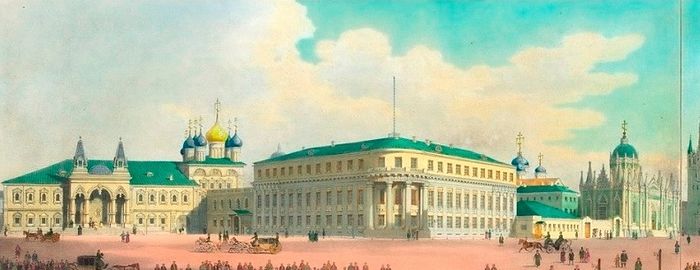 The historic watercolor shows (from left to right): the Chudov Monastery, the Small Nicholas Palace, and the Ascension Convent, which were demolished in 1929, to make way for the Soviet era building which would house the offices of the Presidium of the Supreme Soviet until 2011. Photo: Royal Russia