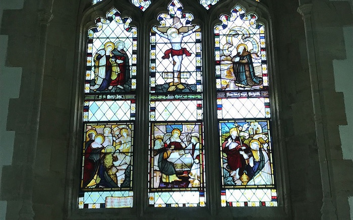 Stained glass above the altar of St. Congar's Church in Badgworth, Som (kindly provided by the parish church of Badgworth)