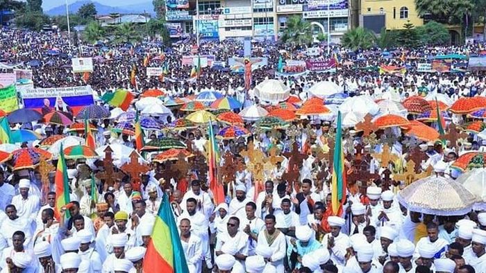 Protests in several cities in Ethiopia took place against the Ethiopian Tewahedo Church burnings and attacks. Here, protesters gather in Gondar, Ethiopia, on Sunday, Sept. 15, 2019. Credit: Courtesy of Tewodrose Tirfe/Amhara Association of America