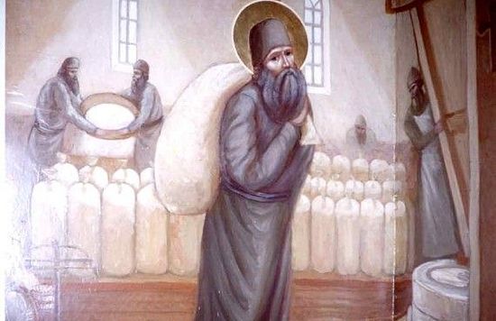 St. Silouan working in the monastery mill. Photo: orthodoxphotos.com