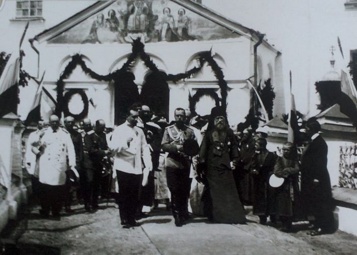 Emperor Nicholas II and Archbishop Tikhon leave the Dormition Cathedral in the Rostov Kremlin.
