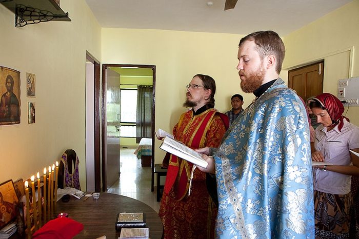 Priest Alexei Zabelin and Deacon Georgy Maximov at a service in the Orthodox community, Goa