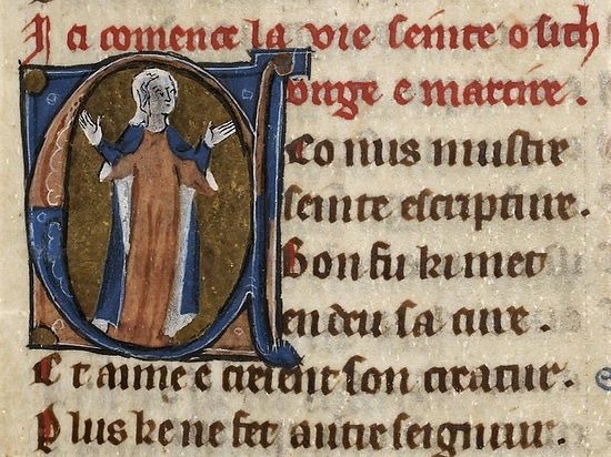 The beginning of a Life of St.Osyth from a 12th century French manuscript in the British Library.