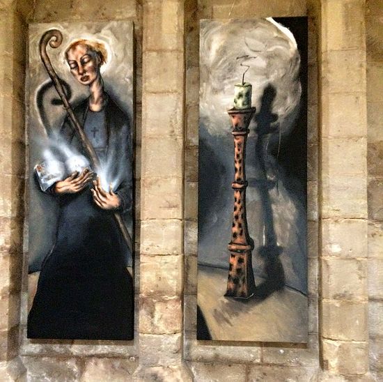 The painting on a diptych showing one of St. Ethelfleda's miracles by Chris Gollon (provided by Mrs Elizabeth Hallett, Romsey Abbey)