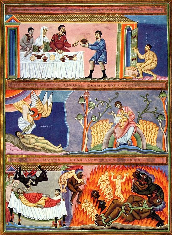 The Rich man and Lazarus, illumination, Meister des Codex Aureus Epternacensis 001. Wikipedia.
