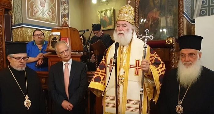 Patriarch Theodoros with the Greek ambassador to Egypt at today's Liturgy. Photo: orthodoxianewsagency.gr
